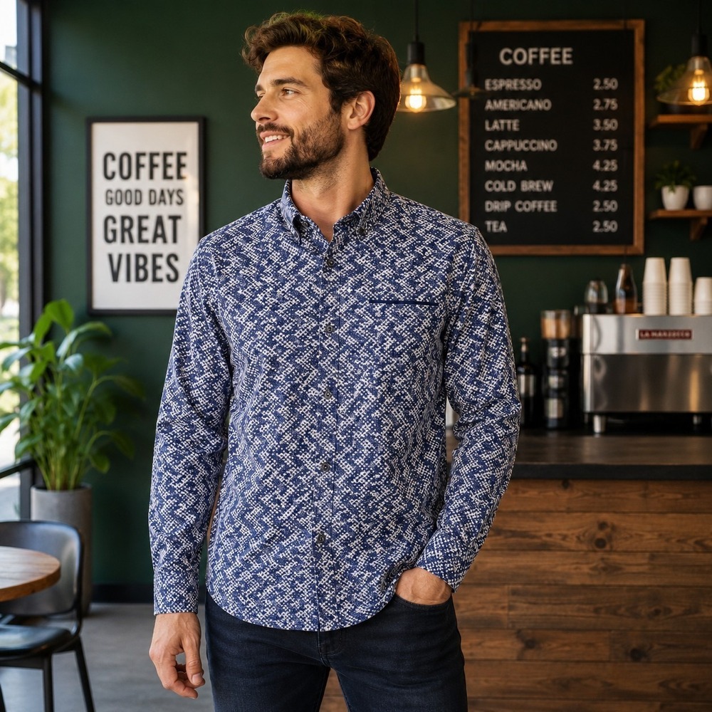 Across The Pond Men's Large Button-Up Shirt Blue Geometric Career Travel Casual